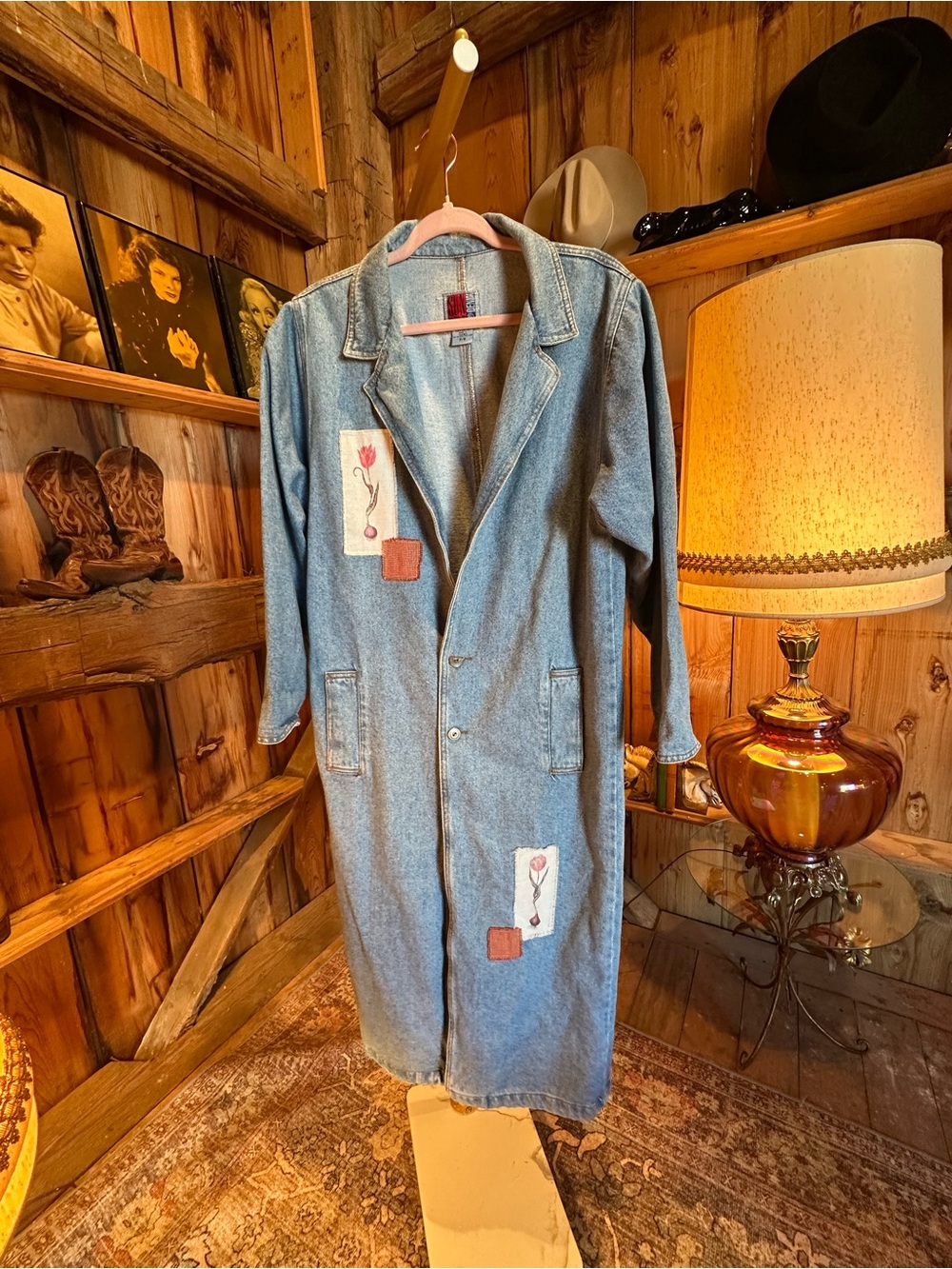 Light Blue Denim Longline Jean Coat with Floral Patch Accents